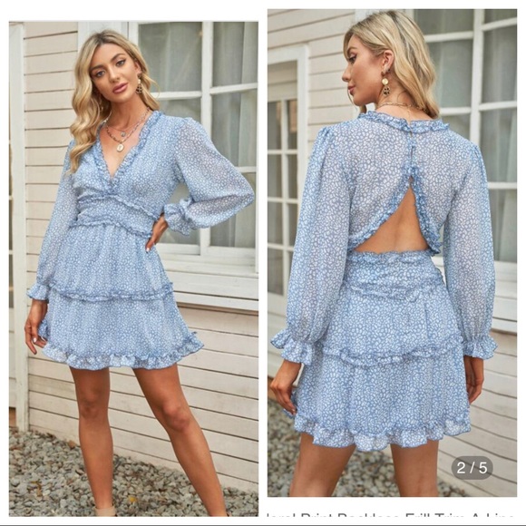 Floral Print Backless Frill Trim A-Line Dress. Size S - Picture 1 of 9